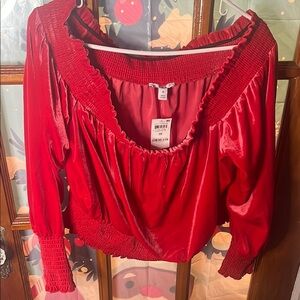 Vibrant Red Off the Shoulder Smocked Blouse with 3/4 Sleeves